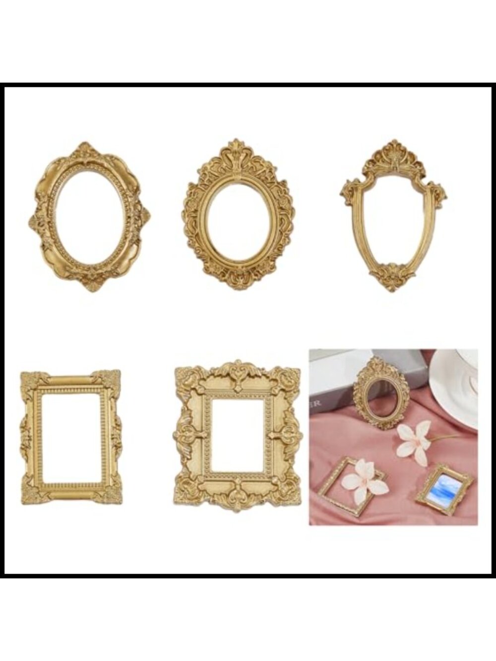 5 Pc Vintage Resin Mini Picture Frames Ornate Oval Rectangle
